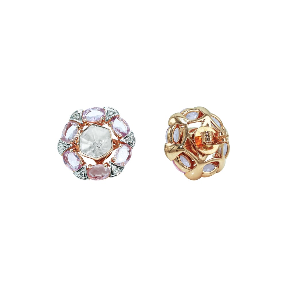 Polki Diamond Studs with Pink Sapphire Gem Halo and Pav&eacute; Detailing